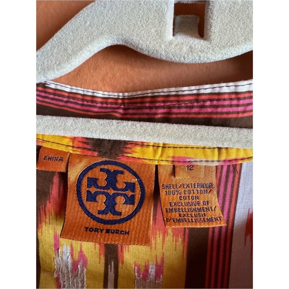 Tory Burch Sequin Ikat Print Cotton Tunic Blouse Size 12